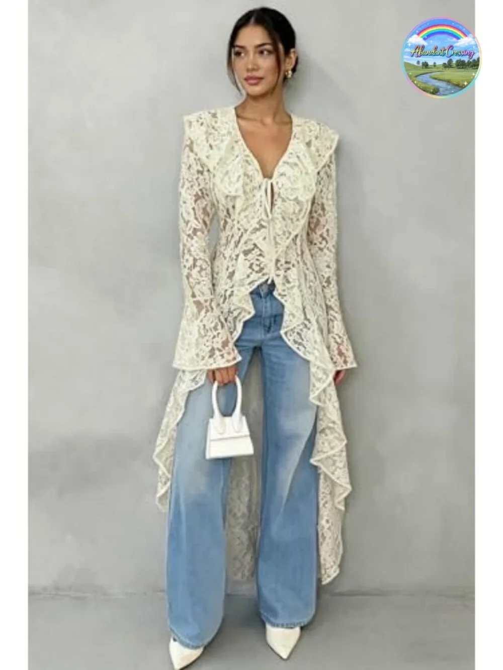 Lace Maxi Cardigan Open Front Tie Bell Sleeve Ruffled Duster Cover Up